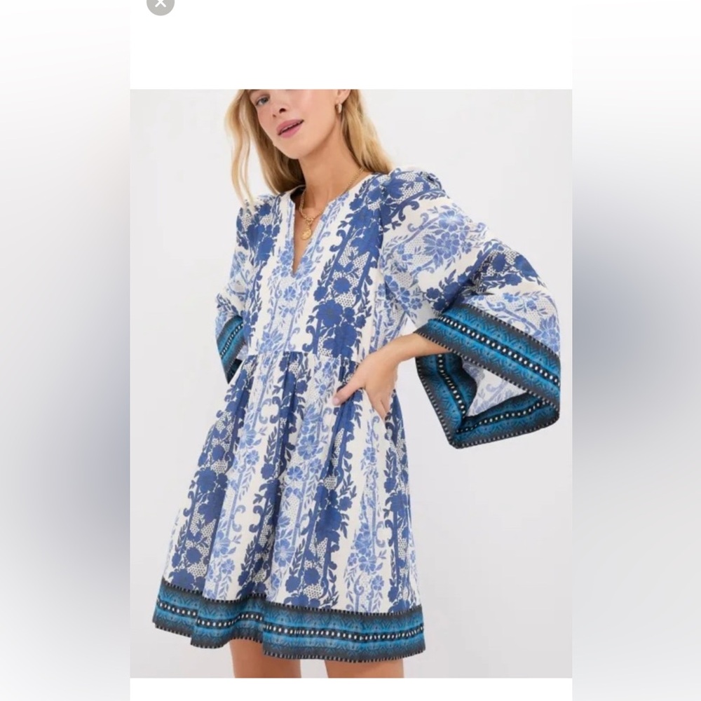 Tuckernuck Bondi Blue Floral V-Neck Bell Sleeve Dress NWT
